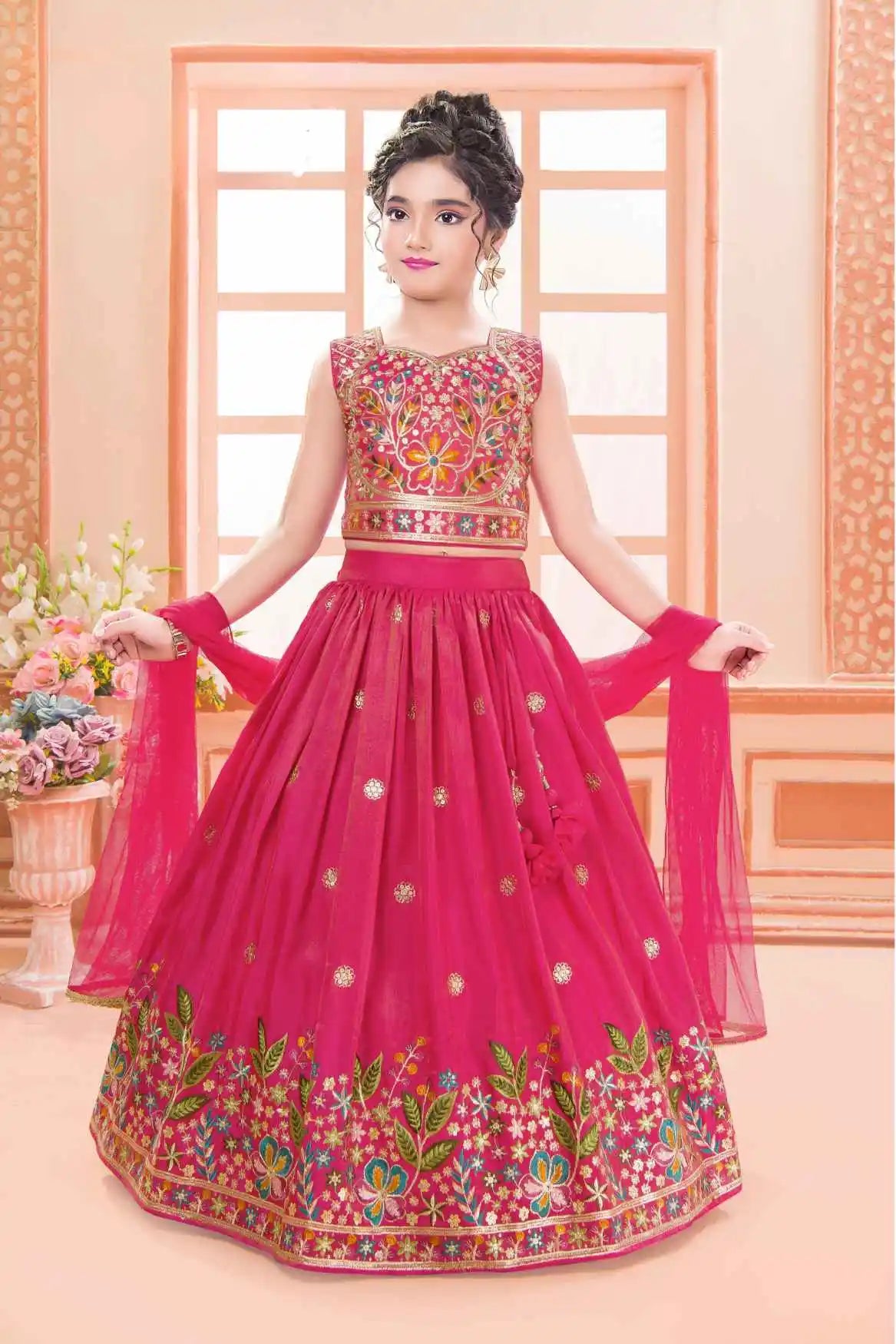 Rani Pink Multicolor Embroidered Lehenga Choli For Girls