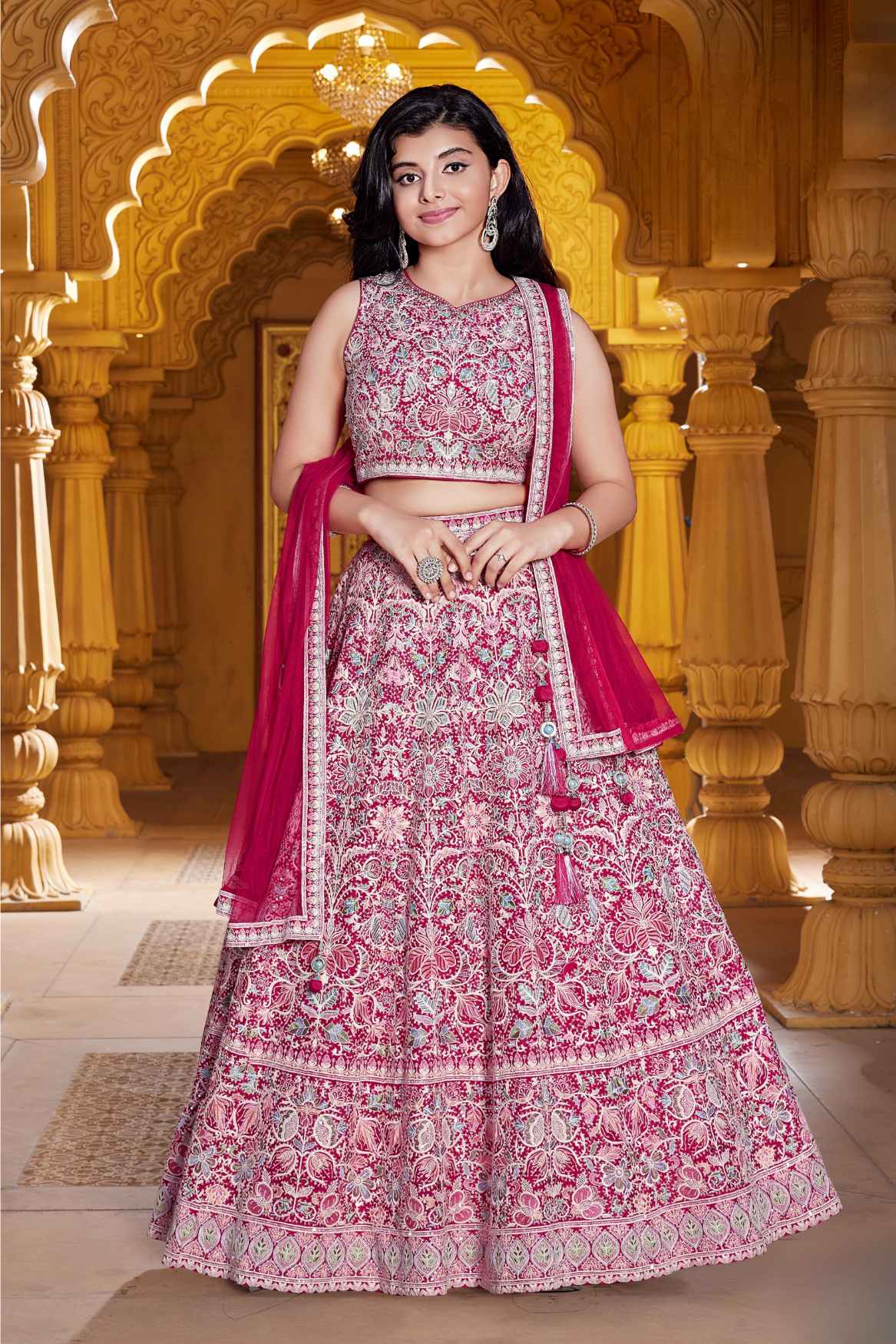 Red Sequin And Thread Embroidery Work Lehenga Choli Set For Girls