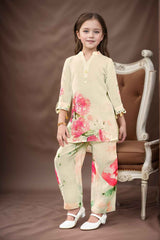 Stylish Cream Floral Printed Co Ord Set For Girls