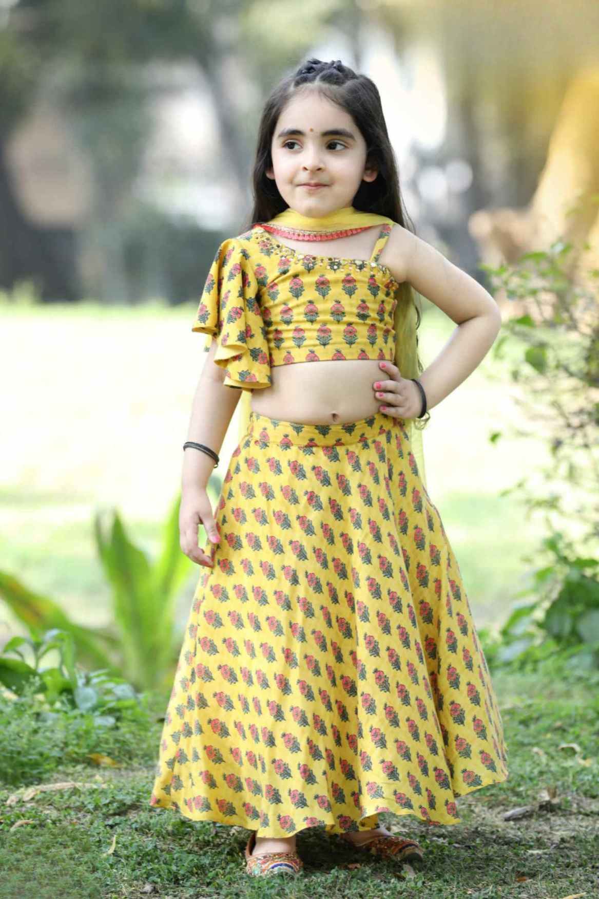 Yellow Floral Printed Lehenga Choli Set for Girls