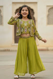 Olive Green Embroidered Palazzo Set with Jacket For Girls