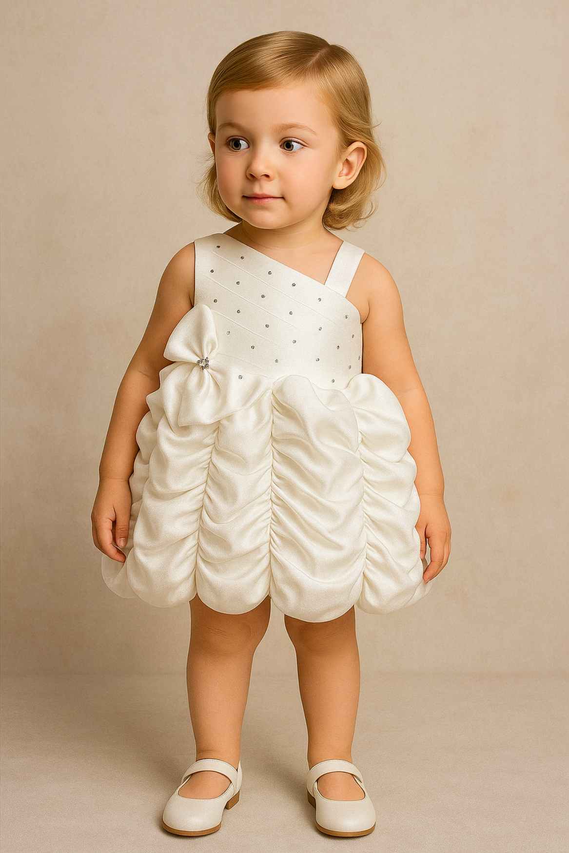 White Asymmetrical Satin Party Frock With Ruched Bubble Skirt For Girls