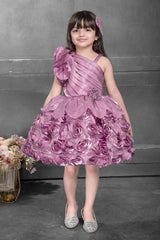 Onion Pink Sequin Designer Party Frock With Flower Embellishments For Girls