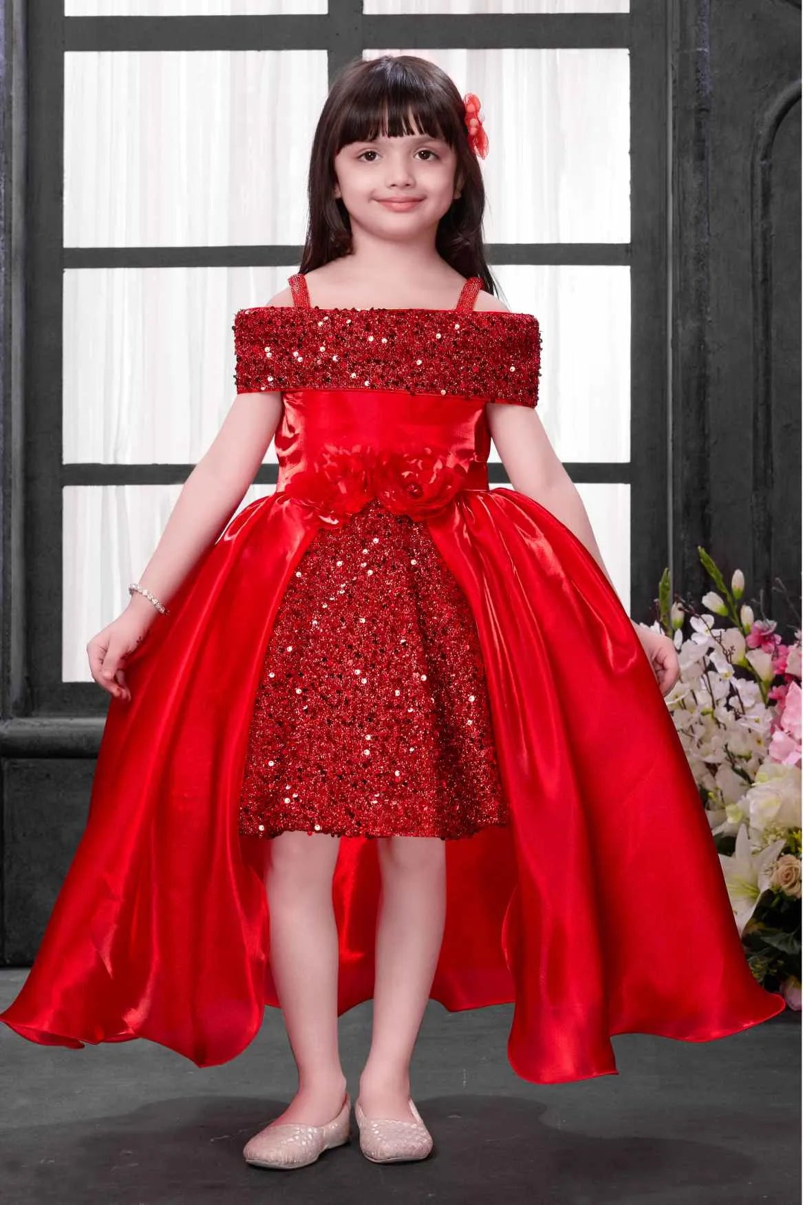 Red Sequined High-Low Party Wear Frock for Girls