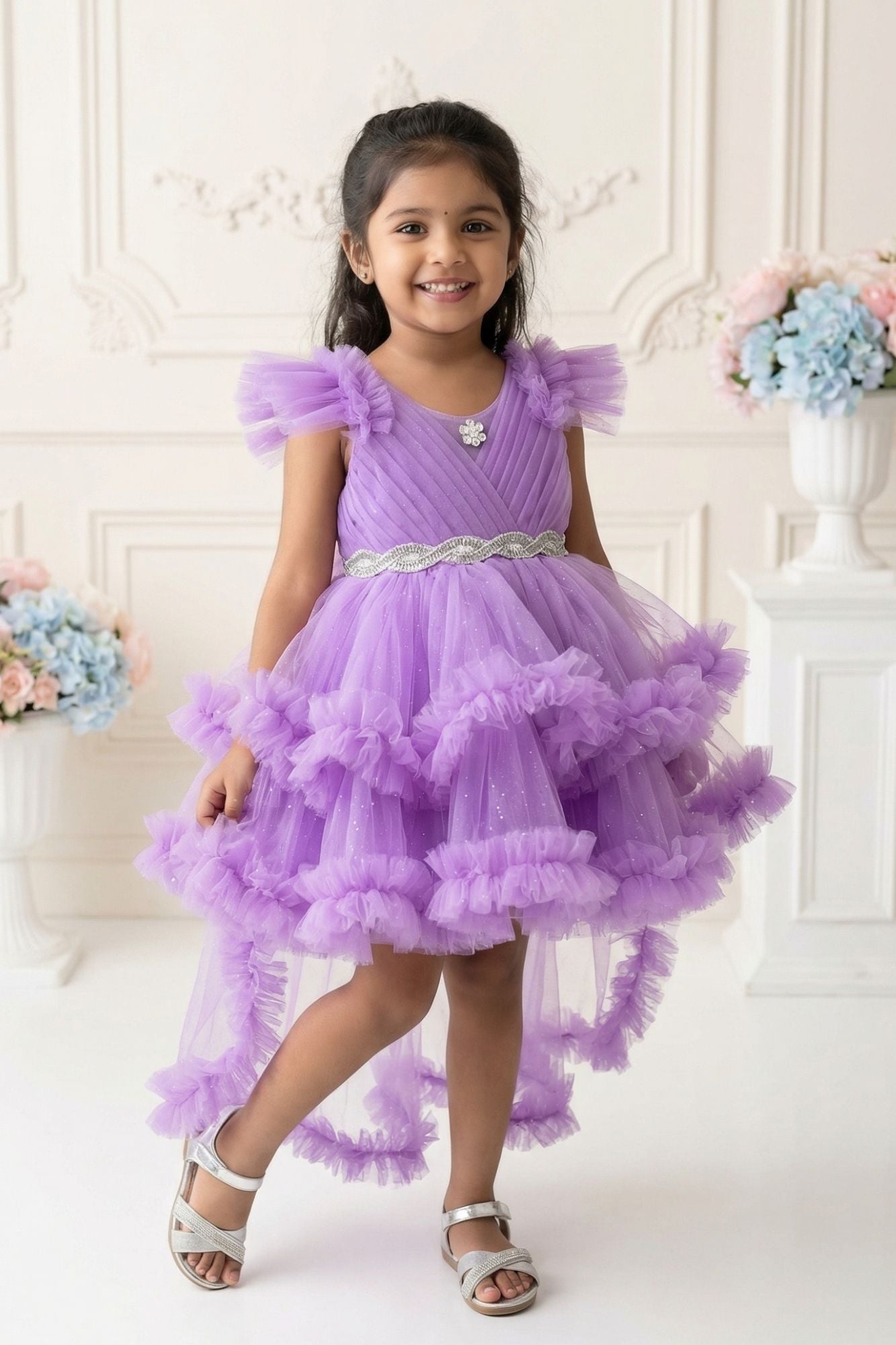 Lavender Layered Ruffle High-Low Party Wear Frock For Girls