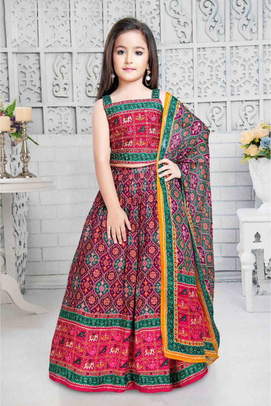 Red And Green Embroidered With Ikkat Printed Lehenga Choli Set For Girls