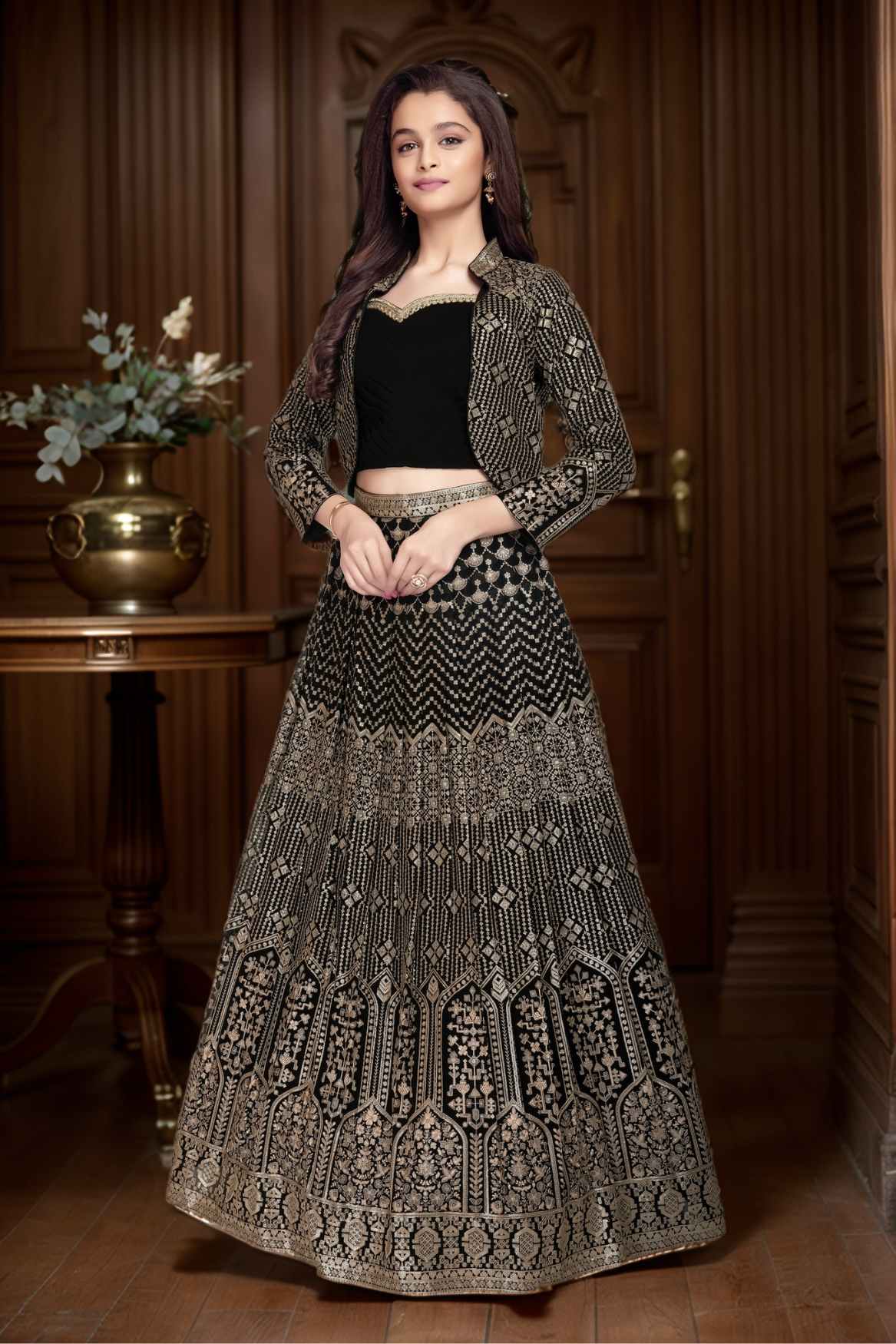Designer Black Zari Embroidered Lehenga Choli Set for Girls