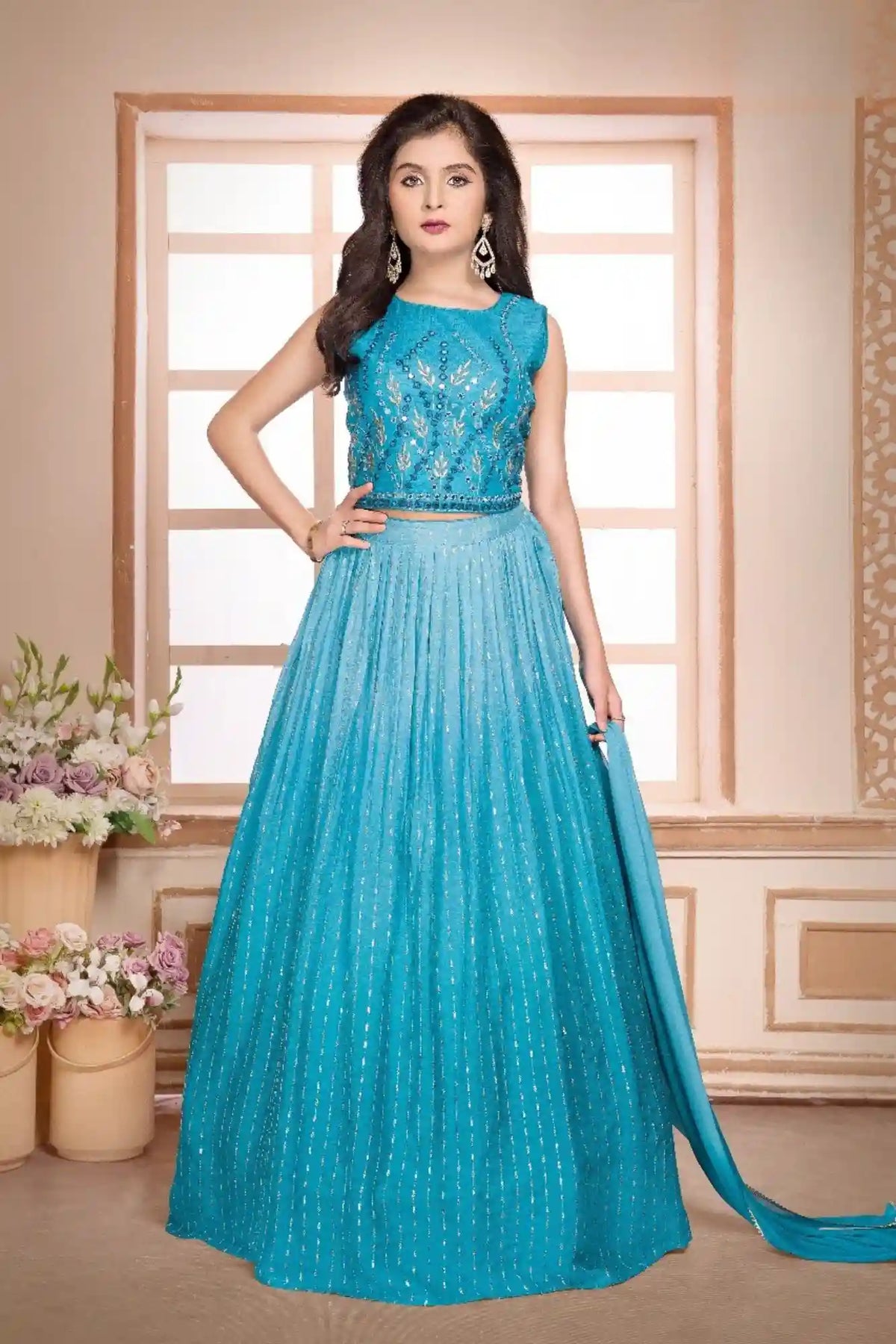 Elegant Blue Mirror Embroidered Lehenga Choli with Dupatta For Girls