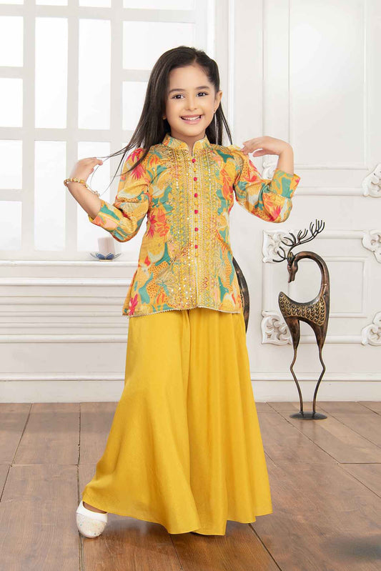 Mustard Printed Sequin And Embroidered Palazzo Set For Girls