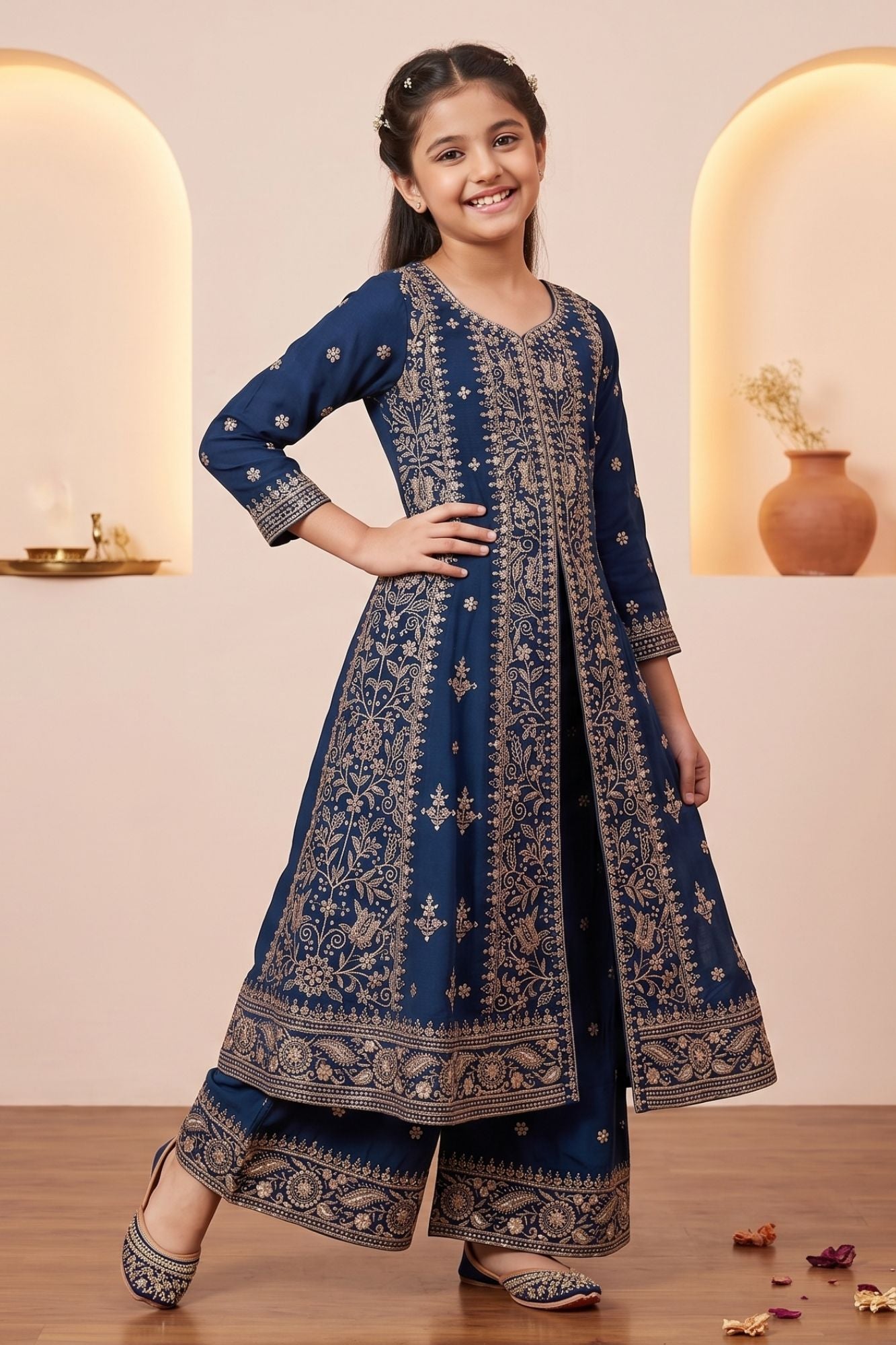 Navy Blue Zari Embroidered Palazzo Set For Girls
