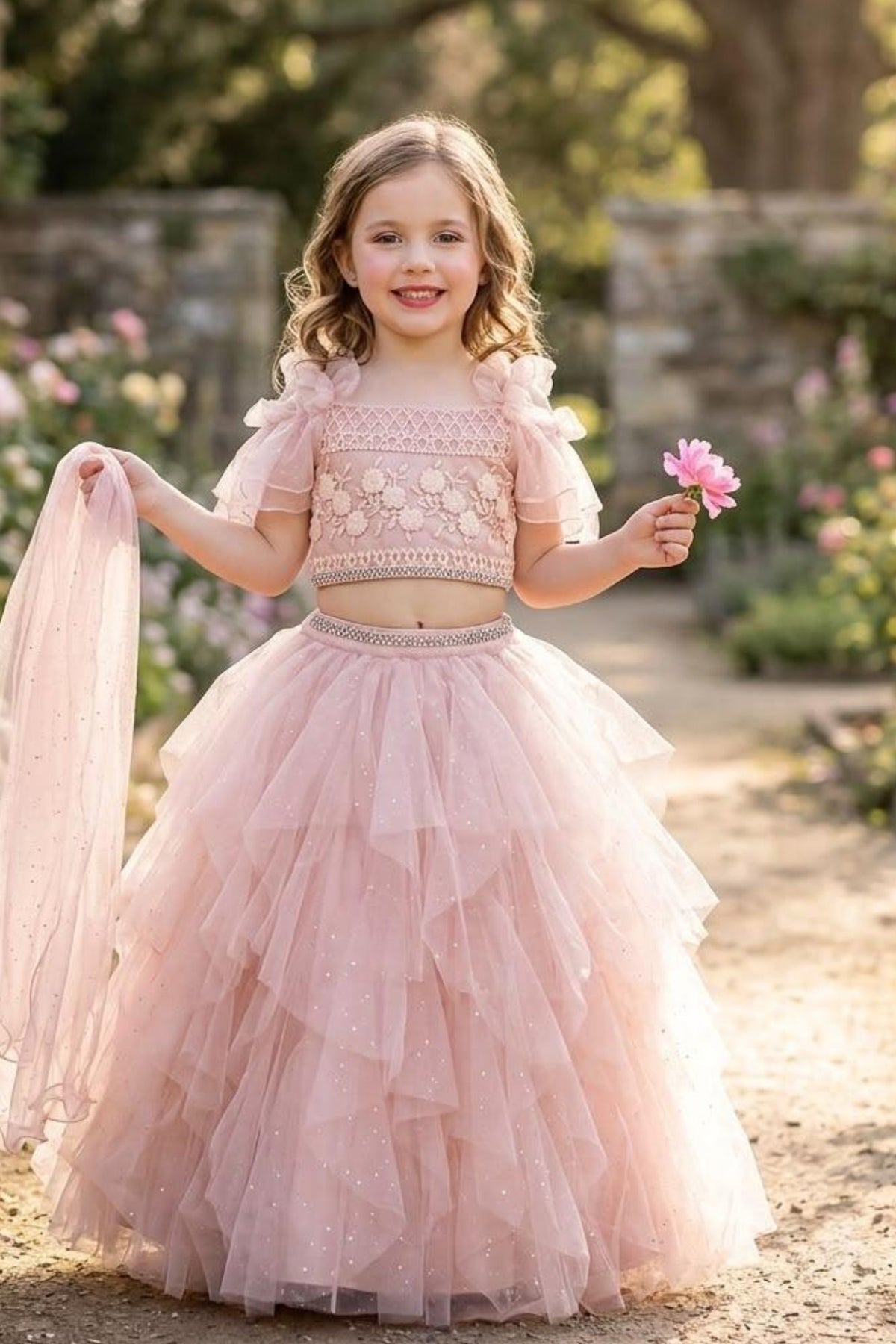 Blush Pink Floral Ruffle Lehenga Choli For Girls