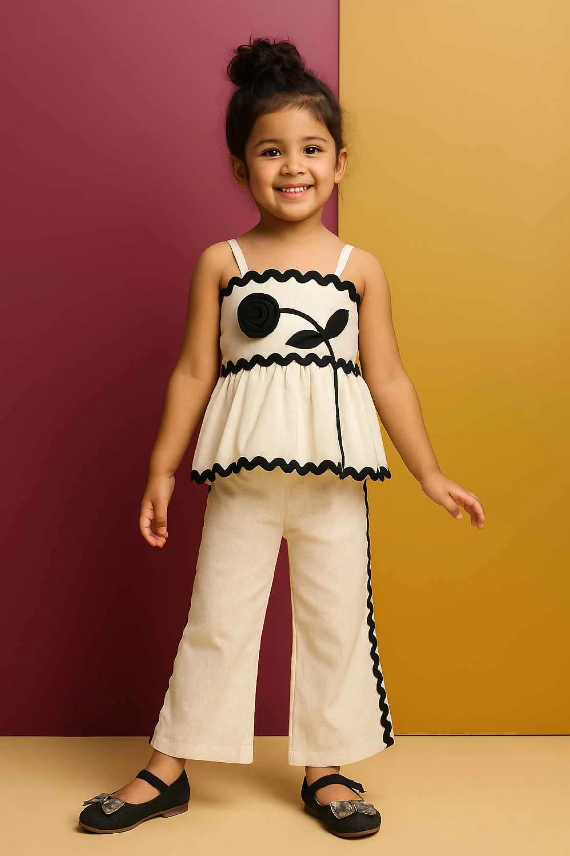 Cream Sleeveless With Black Flower Embellished Top And Co-Ord For Girls