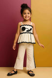 Cream Sleeveless With Black Flower Embellished Top And Co-Ord For Girls