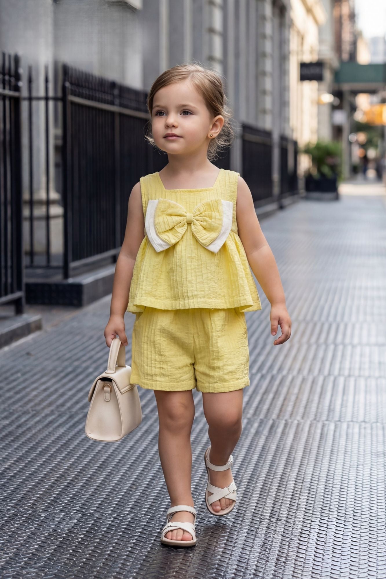 Girls Lemon Yellow Bow Set with Sleeveless Top and Shorts