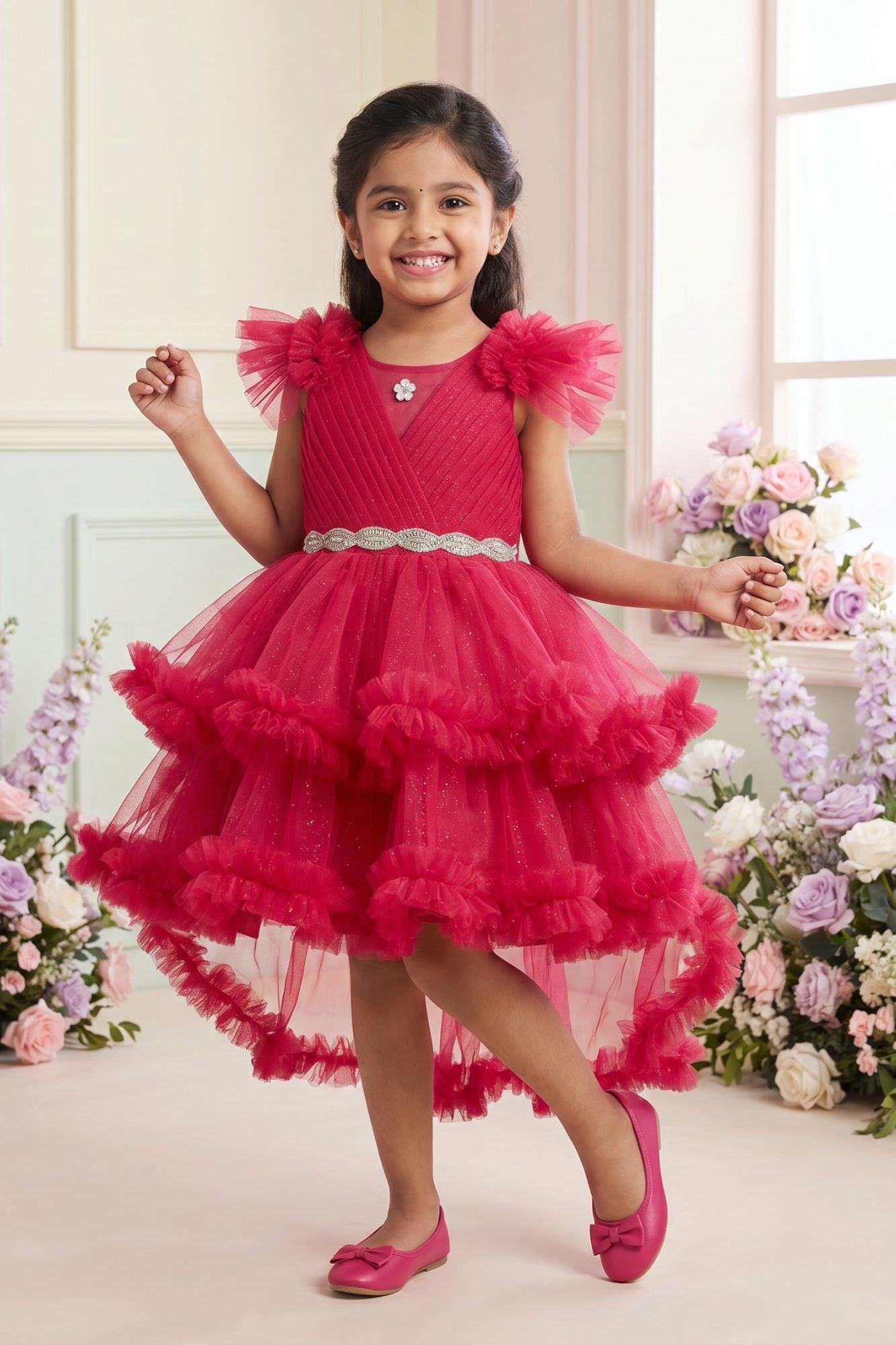 Rani Pink Layered Ruffle High-Low Party Wear Frock For Girls