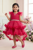 Rani Pink Layered Ruffle High-Low Party Wear Frock For Girls