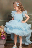 Ruffle Blue Multi-Layered Party Wear Frock With Flower Embellishment For Girls