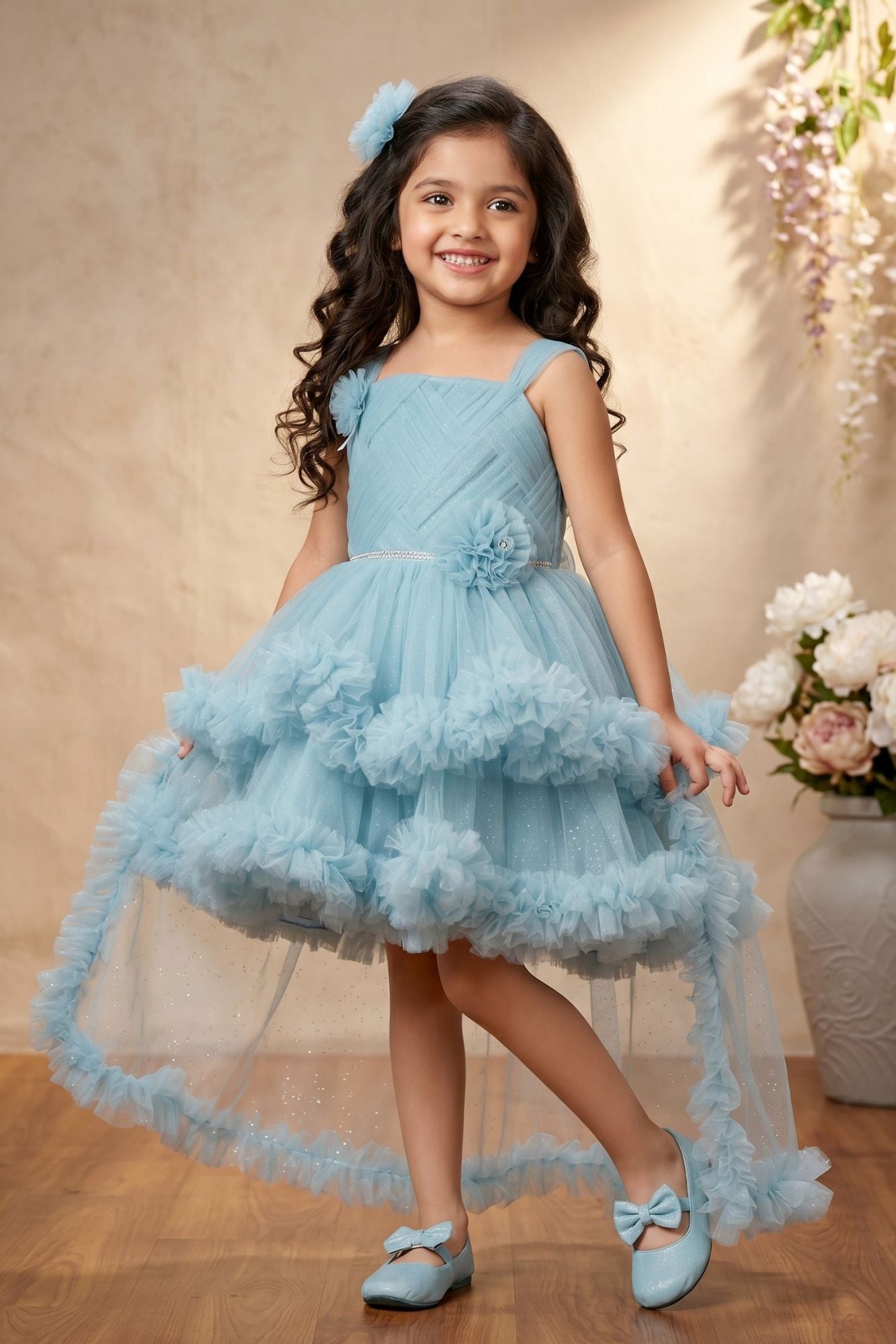 Blue Sleeveless Stone Work And Floral Embellished Tail Back Frock For Girls