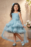 Blue Sleeveless Stone Work And Floral Embellished Tail Back Frock For Girls