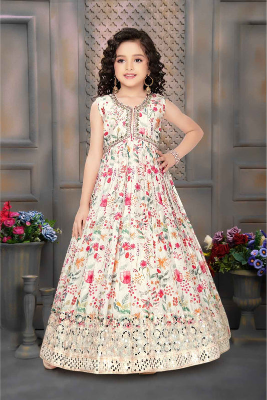 Elegant White Floral Printed Gown For Girls