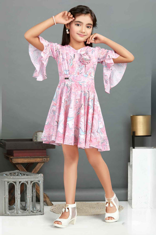 Pink Printed Frock With Bell Sleeves For Girls