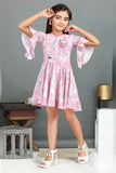 Pink Printed Frock With Bell Sleeves For Girls - Lagorii Kids