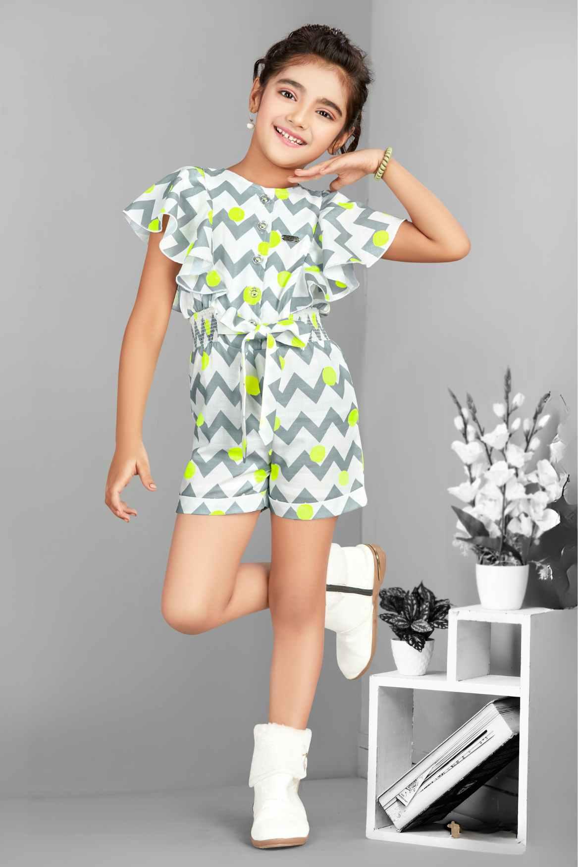 White Zig Zag Printed Short Jumpsuit With Ruffle Sleeves For Girls - Lagorii Kids