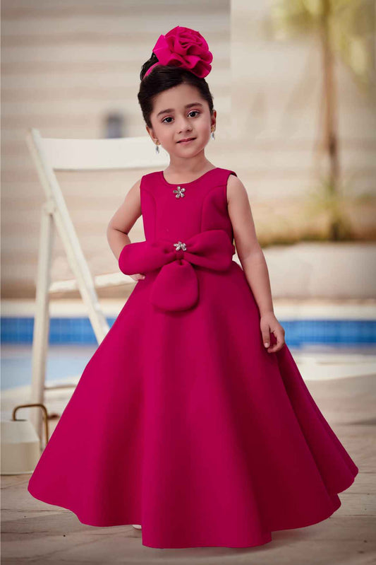 Rani Pink Sleeveless And Bow Embellishment Gown For Girls