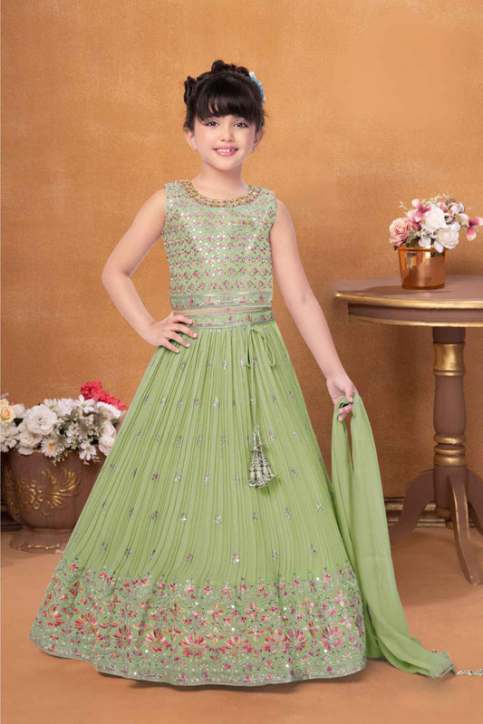 Elegant Pista Green Sequin Embroidery Lehenga Choli For Girls