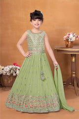 Elegant Pista Green Sequin Embroidery Lehenga Choli For Girls