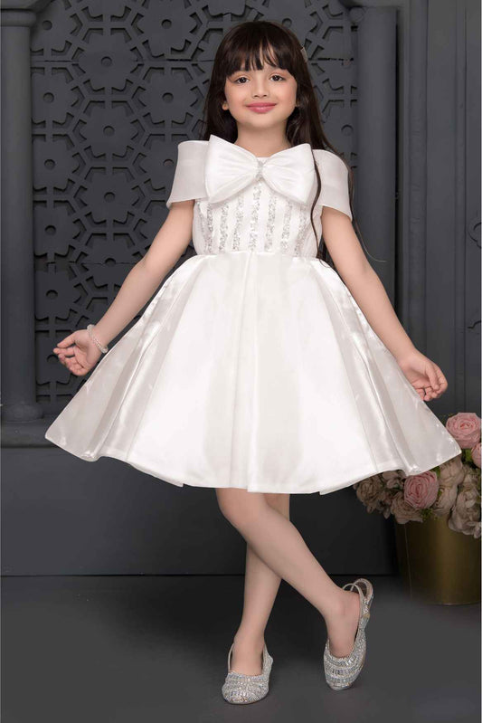 White Sequins And Pearl Work With Bow Embellished Party Wear Frock For Girls