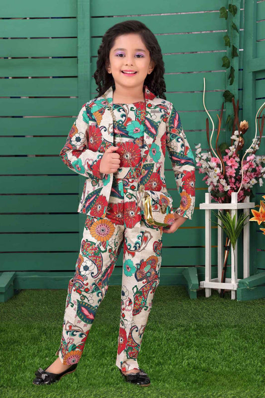White Floral Printed Co Ord Set With Over Coat For Girls