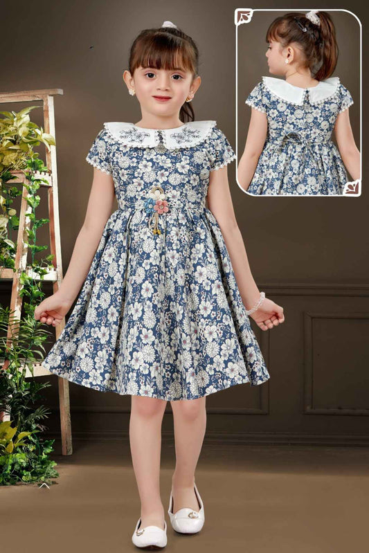 Blue Floral Printed Casual Wear Frock For Girls