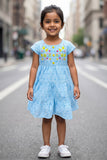 Elegant Blue Hakoba And Embroidered Frock For Girls