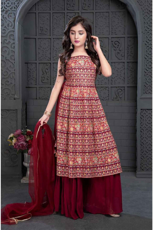 Stylish Maroon Full Printed Kurta and Palazzo Set For Girls