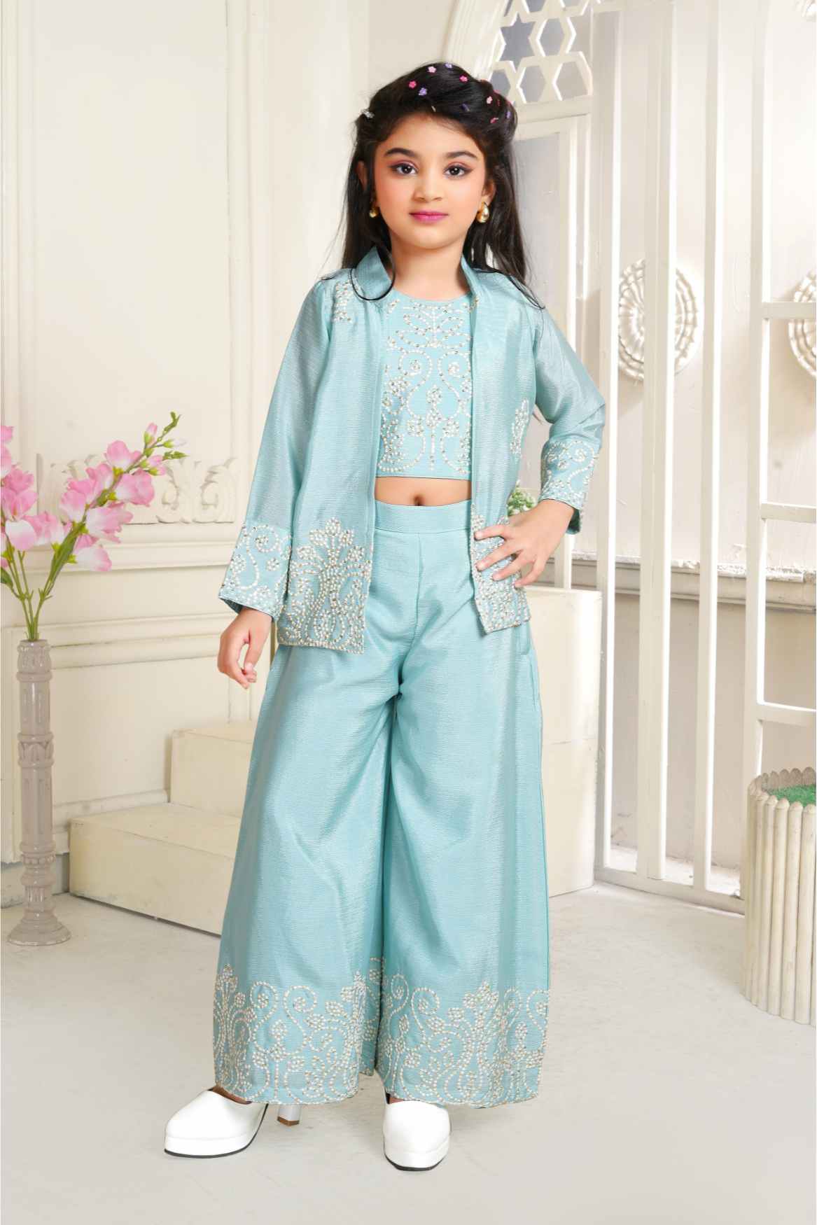 Sky Blue Sequins Work Palazzo Set With Overcoat For Girls