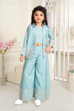 Sky Blue Sequins Work Palazzo Set With Overcoat For Girls