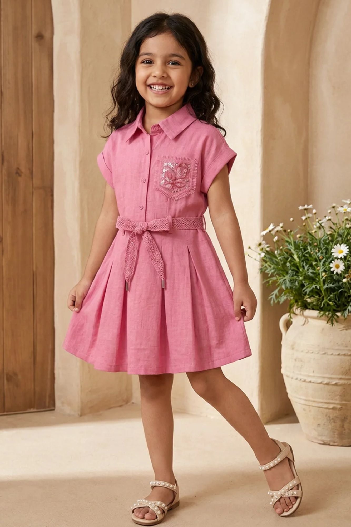 Girls Pink Embroidered Fit And Flare Casual Dress with Waist Tie Belt