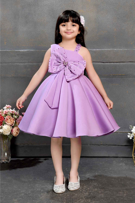 Purple Sleeveless And Bow Embellishment With Stone And Pearl Work Frock For Girls