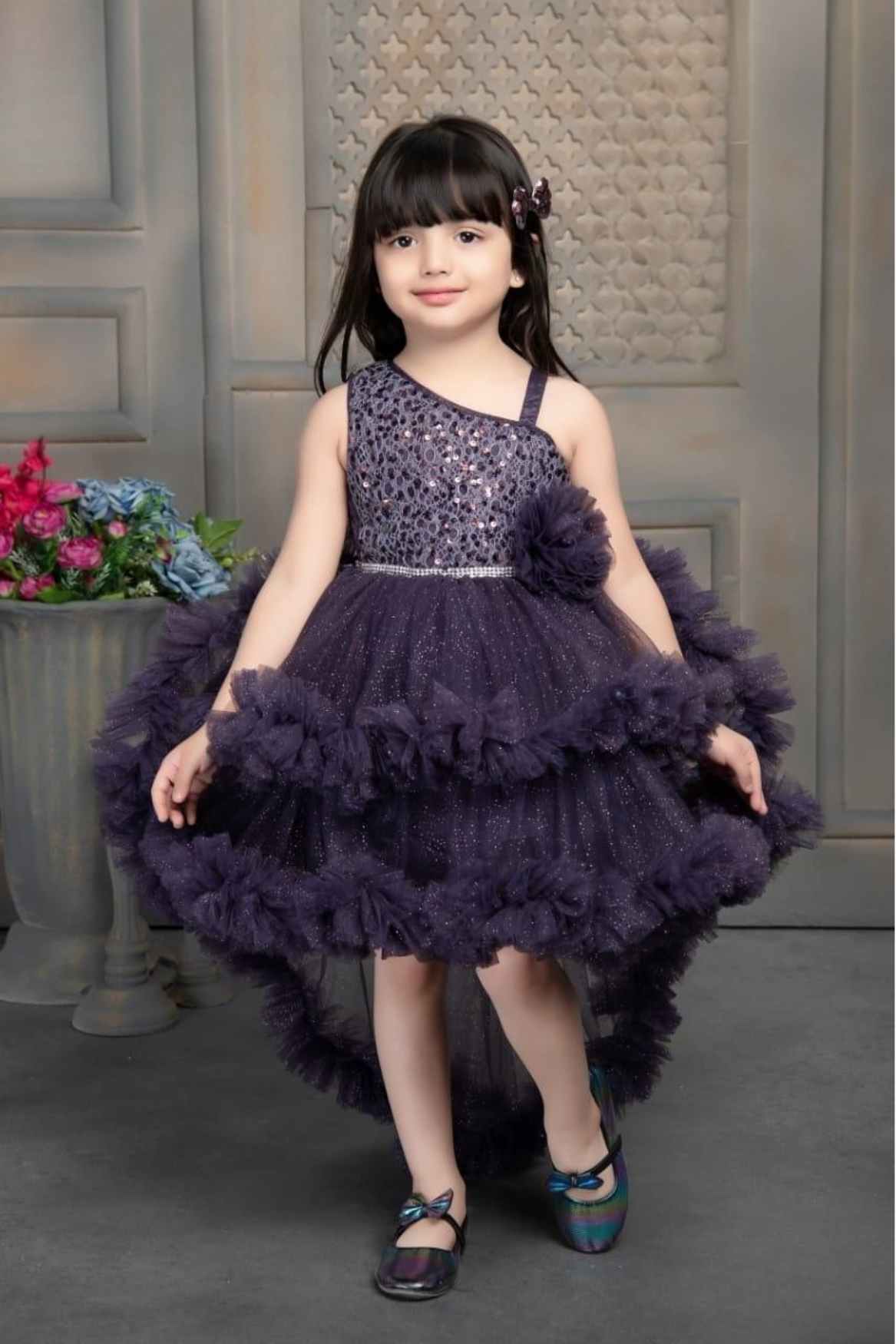 Dark violet Shimmer Ruffle Tailback Frock For Girls
