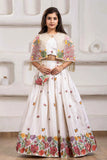 Elegant White Floral Embroidered Lehenga Choli With Embroidered Cape For Girls
