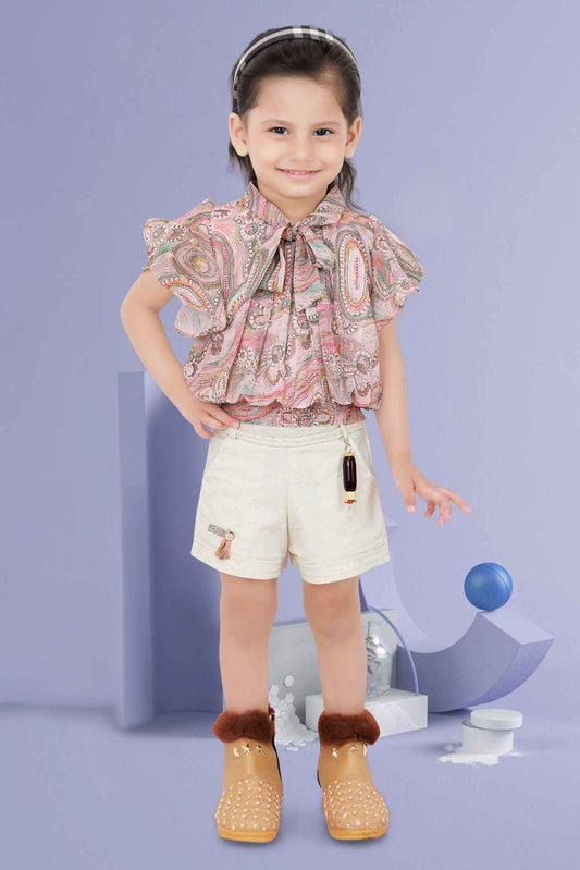 Peach Printed Top With Ruffle Sleeves And Shorts  Set For Girls