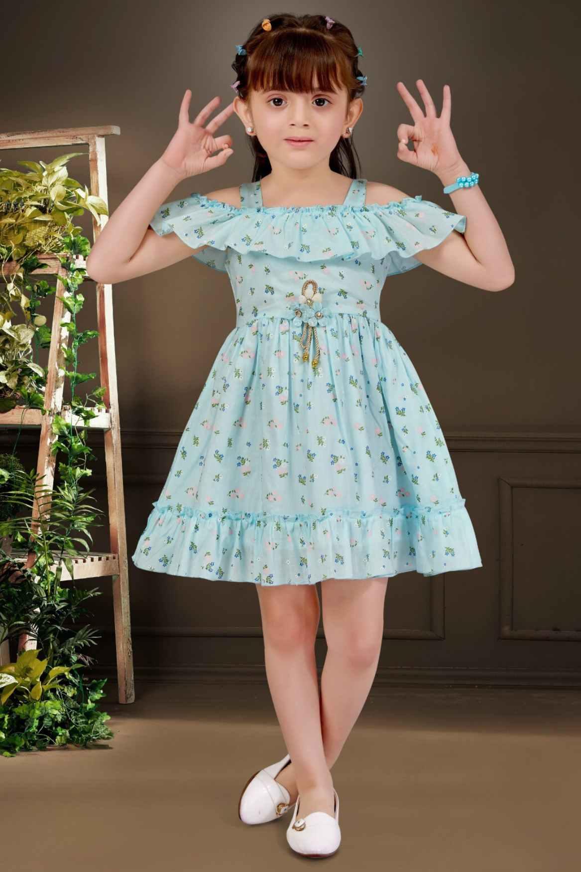 Stylish Off Shoulder Blue Printed Frock For Girls - Lagorii Kids