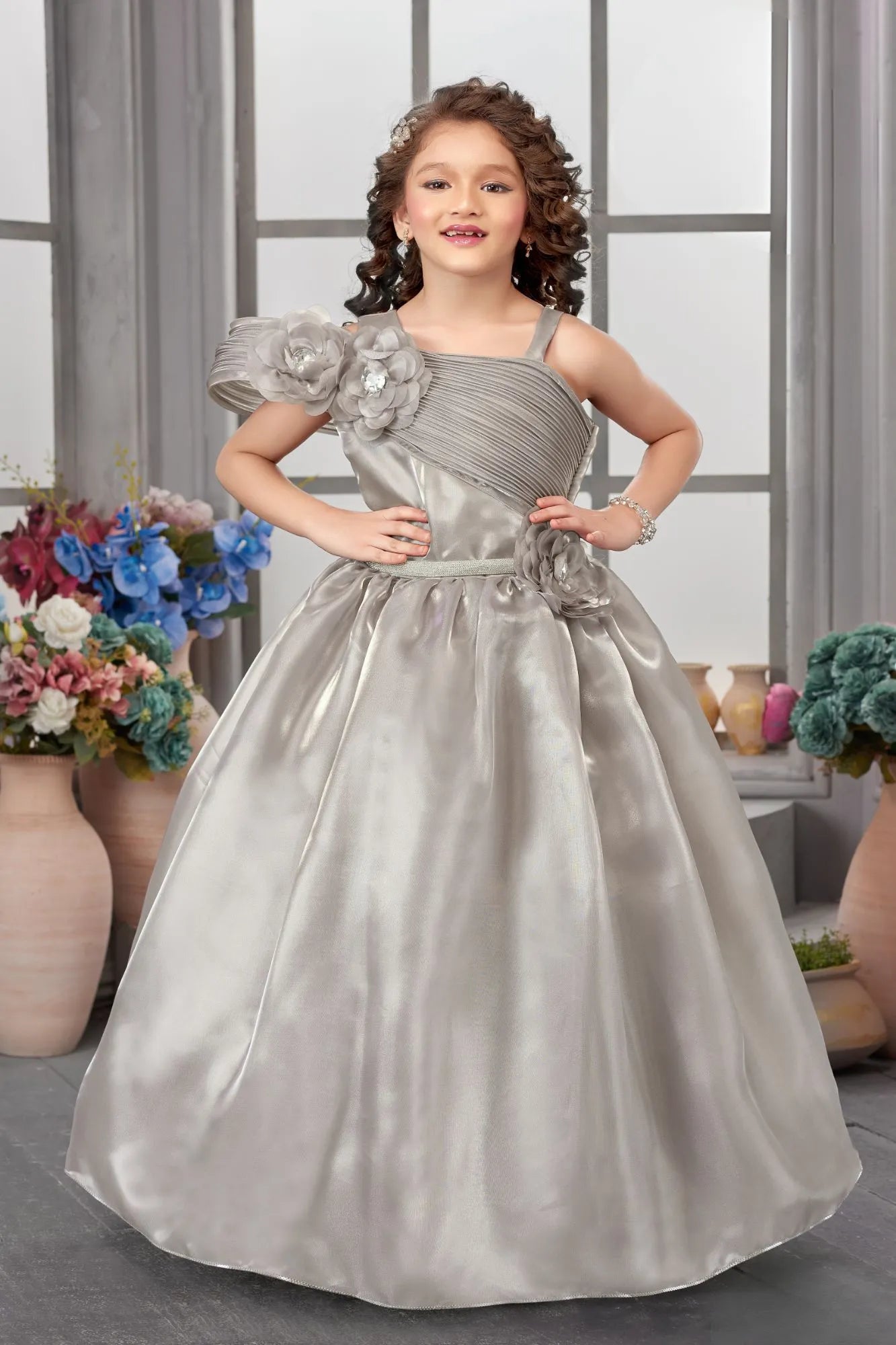 Elegant Grey Pleated & Floral Embellished Gown For Girls