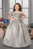 Elegant Grey Pleated & Floral Embellished Gown For Girls