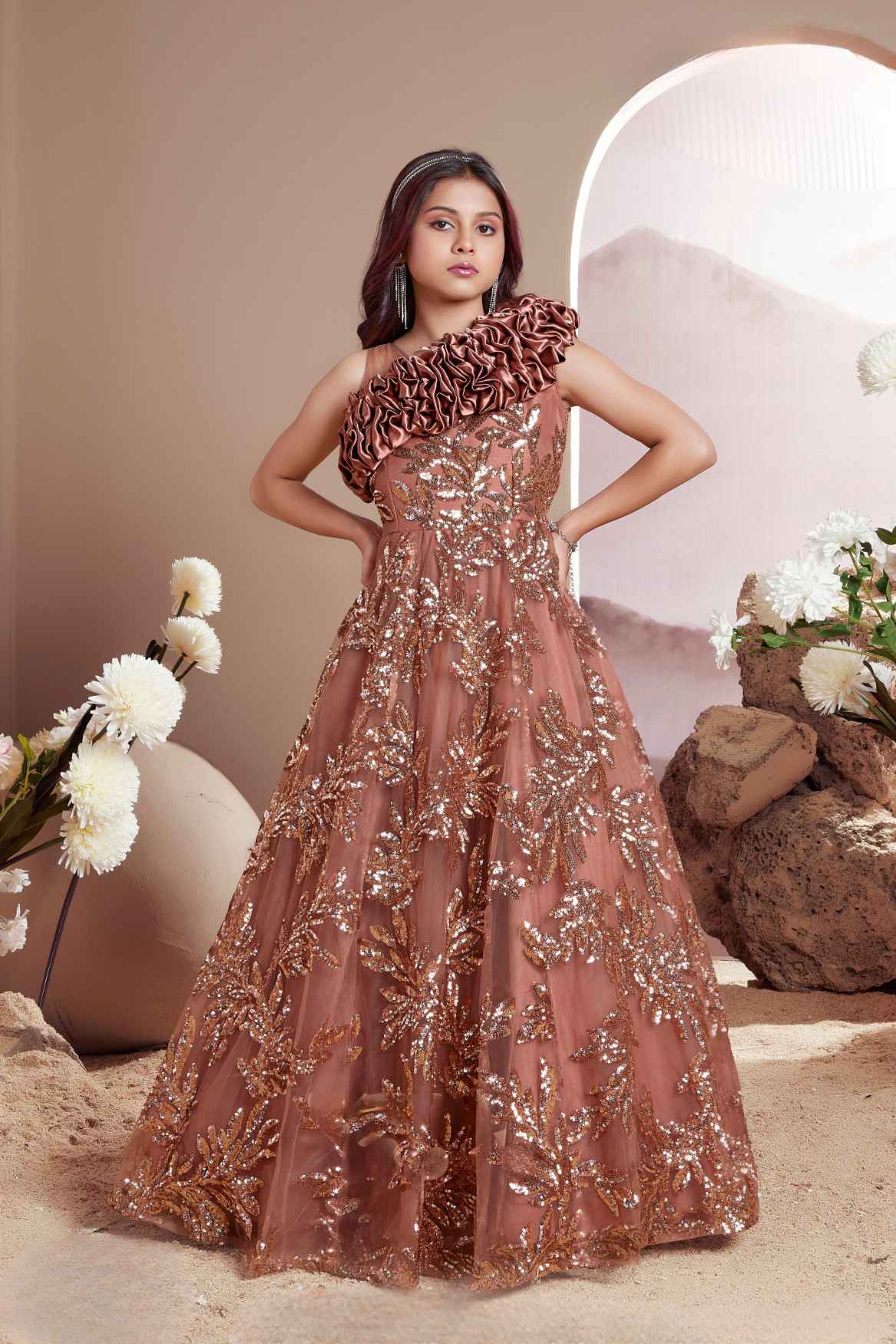 Elegant Bronze Brown Sequined Partywear Gown For Girls