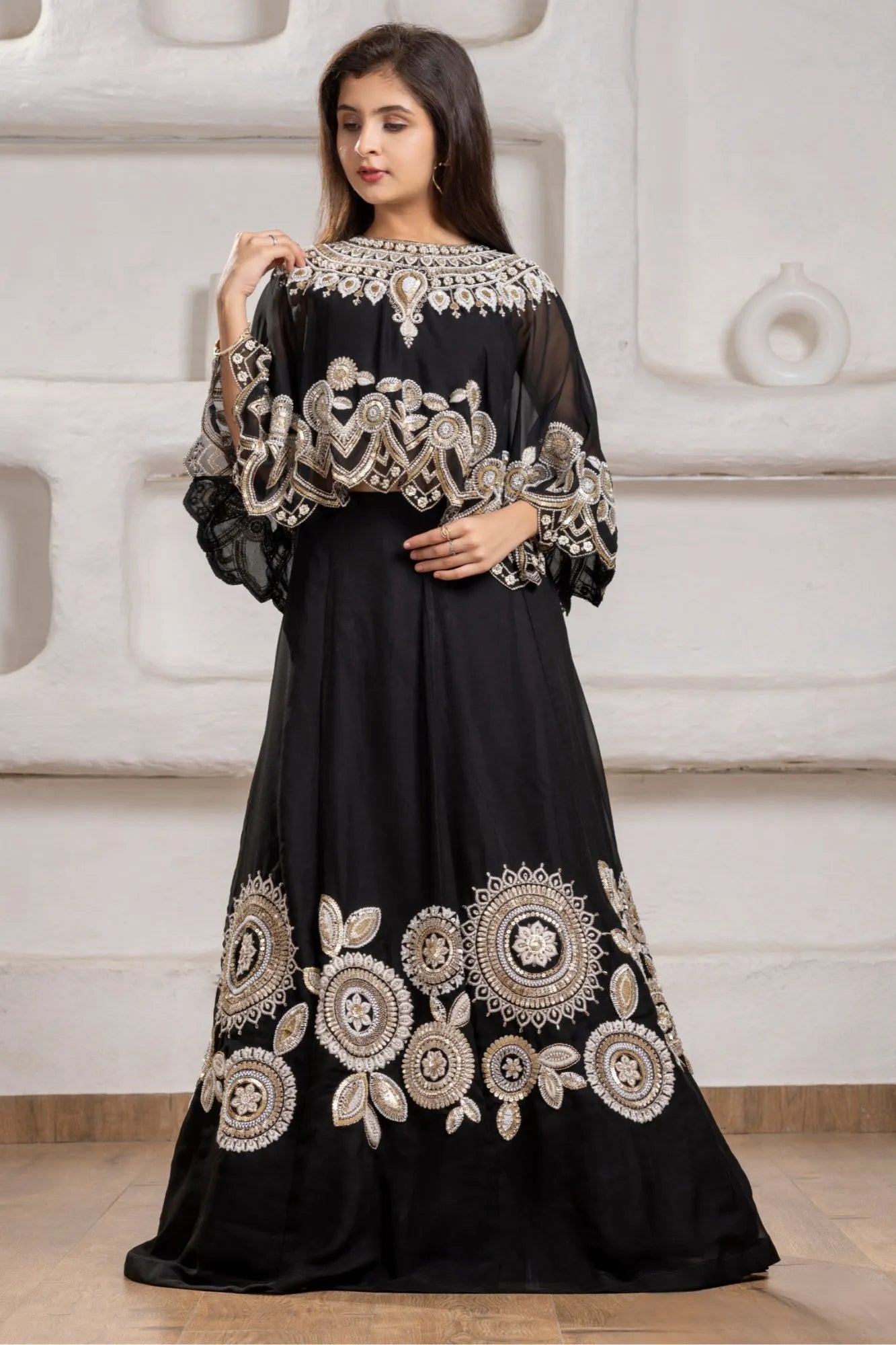 Designer Black Lehenga Choli with Embroidered Cape For Girls