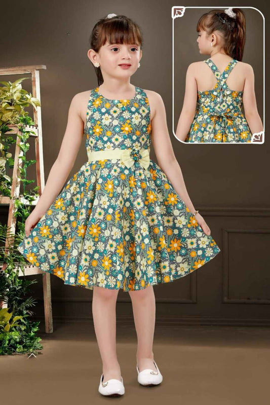 Stylish Blue Floral Printed Sleeveless Frock For Girls