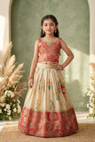 Girls Cream and Red Printed Lehenga Choli Set with Dupatta