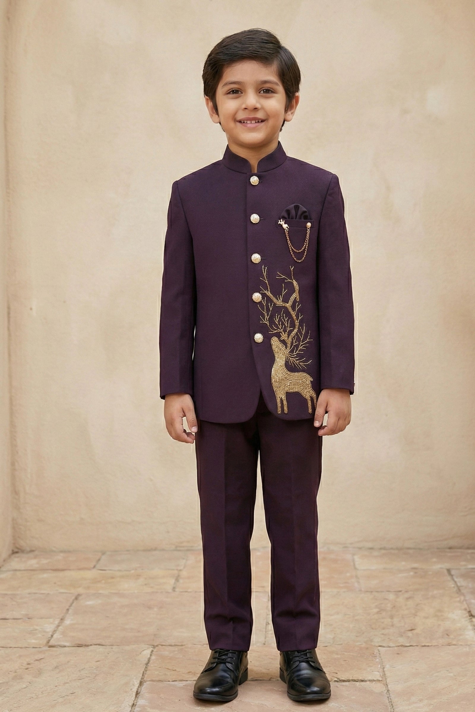 Designer Plum Purple Jhodhpuri Suit Set With Royal Deer Motif For Boys